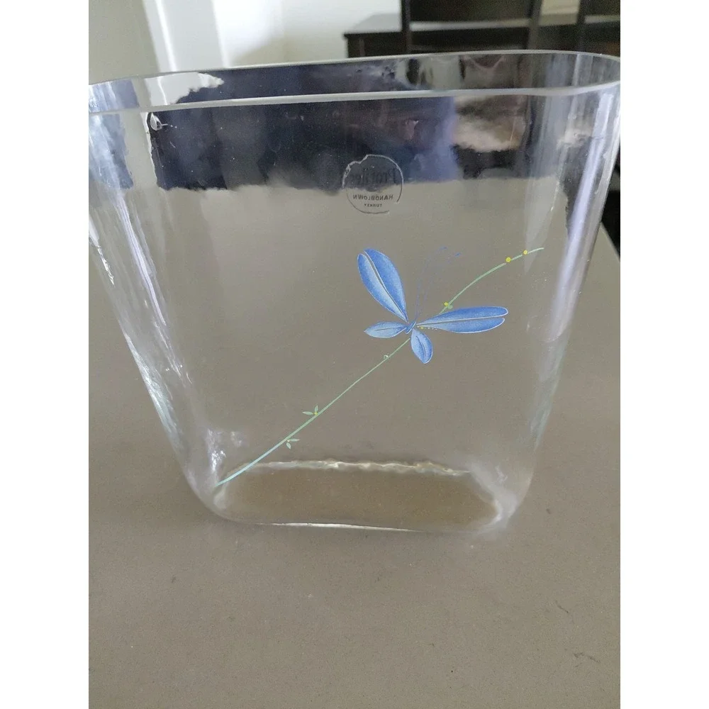 Vtg Profiles Turkish Clear Glass Slim Oval Vase Butterfly Floral  Hand Blown